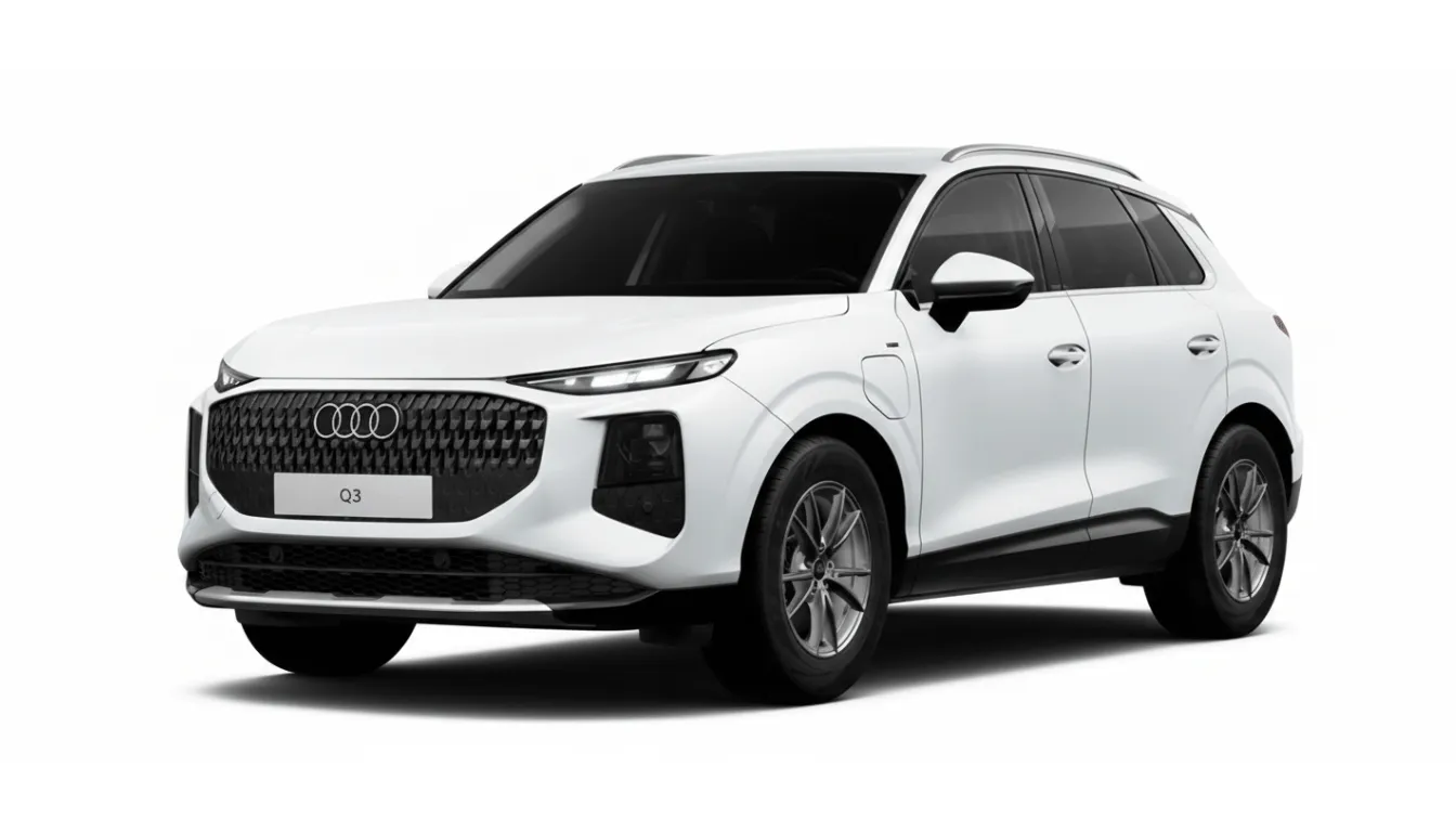 Vista lateral trasera de un Audi Q3 e-Hybrid plug-in hybrid aparcado junto al mar, mostrando su diseño moderno y eficiente.