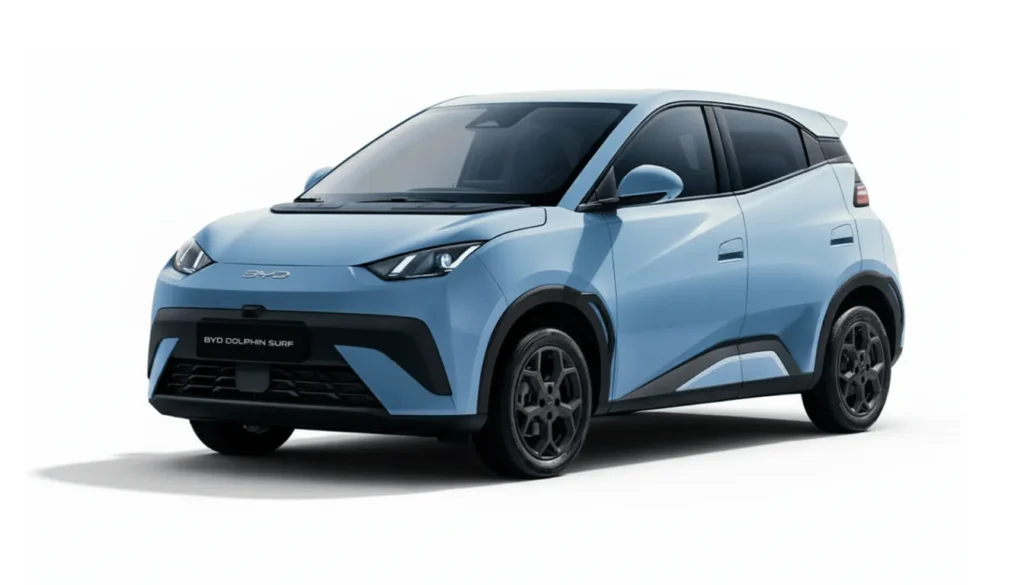 BYD Dolphin Surf 2025 em cor azul claro, carro elétrico compacto com design moderno e bateria Blade.