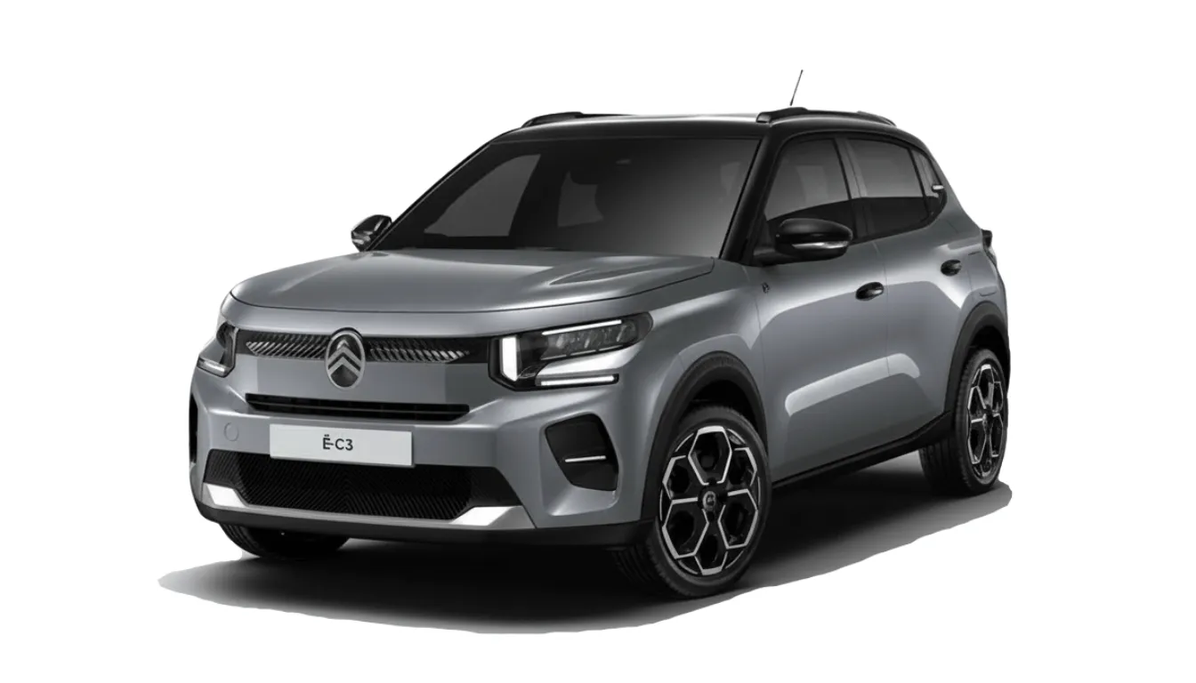 Citroën ë-C3 2025 em cinzento, carro elétrico do segmento B com 320 km de autonomia.