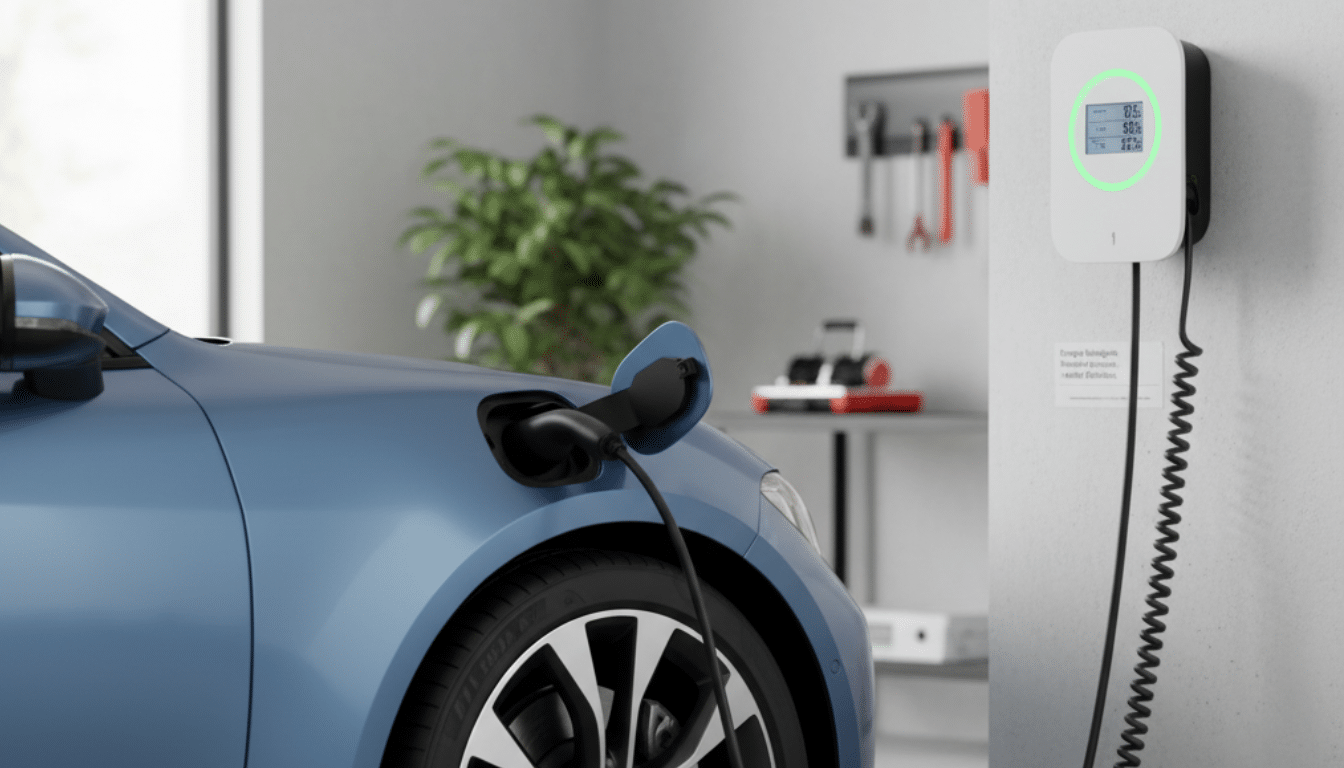 Carro elétrico ligado a um carregador na garagem.
