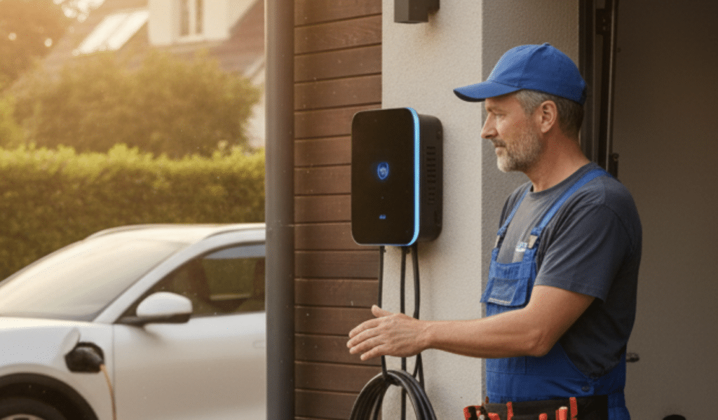 Técnico a instalar carregador de carro elétrico numa garagem residencial