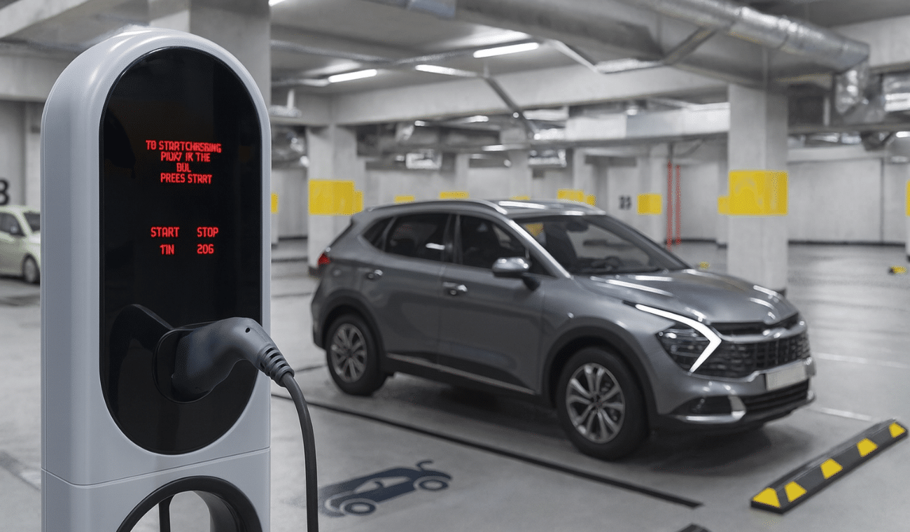 Carro elétrico a carregar num posto de carregamento em garagem de condomínio.