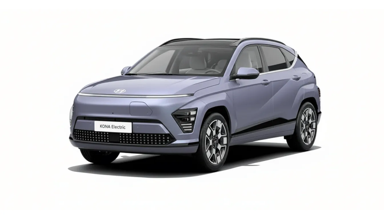 Hyundai Kona Electric 2025 violeta, SUV elétrico eficiente com boa autonomia para viagens.