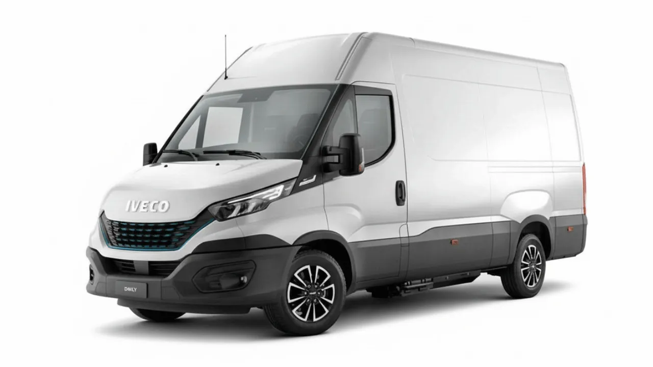 Iveco eDaily elétrica branca, furgão de grande dimensão 100% elétrico com até 400 km de autonomia urbana, carga útil até 4,6 toneladas e várias configurações para transporte profissional