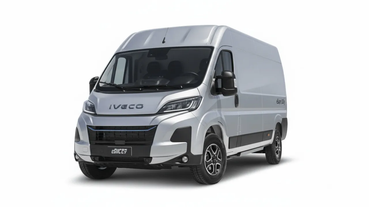 Iveco eSuperJolly elétrica prateada, furgão de grande volume 100% elétrico com bateria de 110 kWh, autonomia até 420 km WLTP e capacidade de carga até 17 m³ para transporte profissional