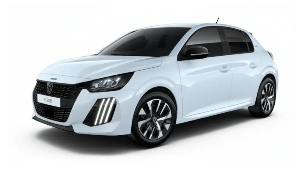 Peugeot e-208 2025 branco, compacto elétrico com autonomia melhorada até 433 km.