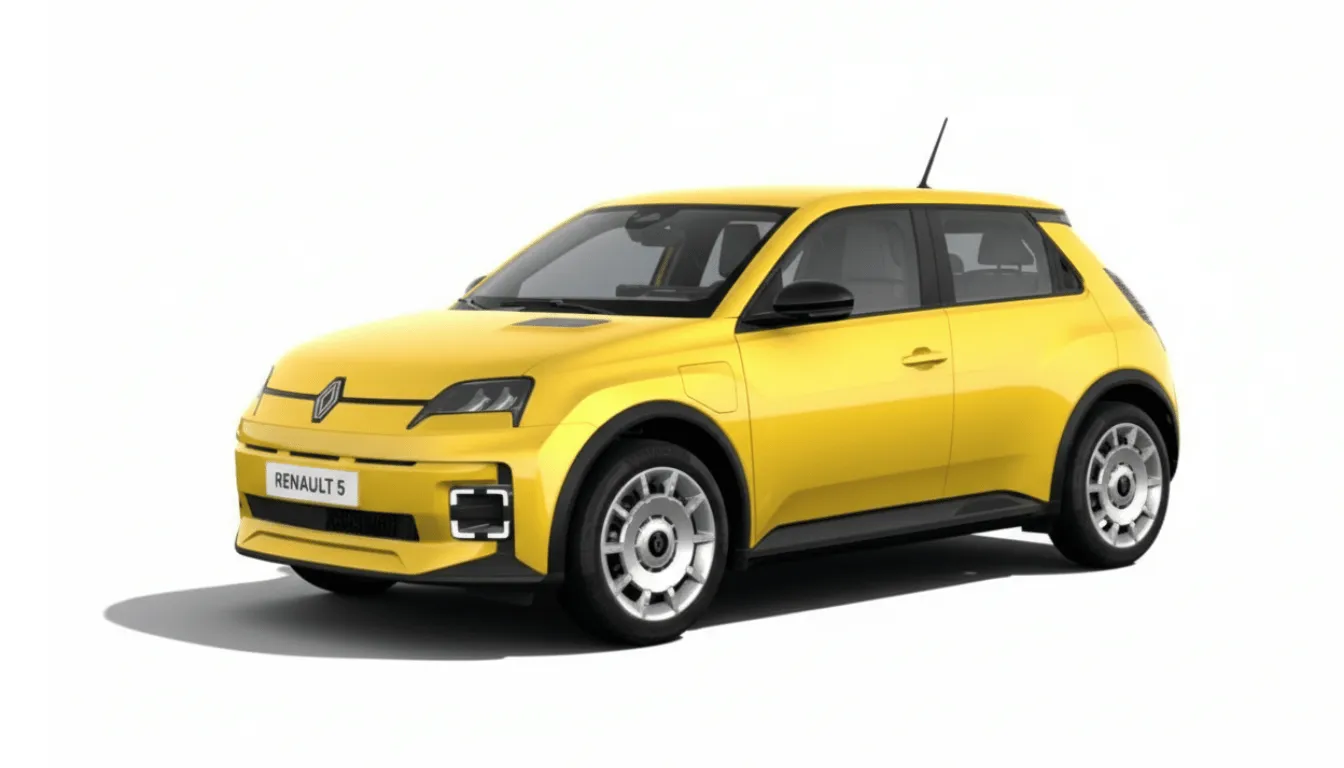Renault 5 E-Tech 2025 amarelo, icónico carro elétrico urbano com até 410 km de autonomia.