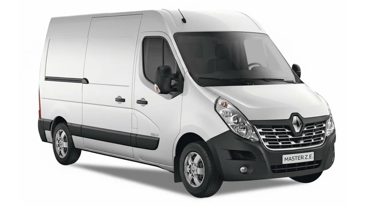 Renault Master Z.E. elétrica branca, furgão de grande capacidade 100% elétrico para transporte profissional com até 244 km de autonomia WLTP e volume de carga até 22 m³