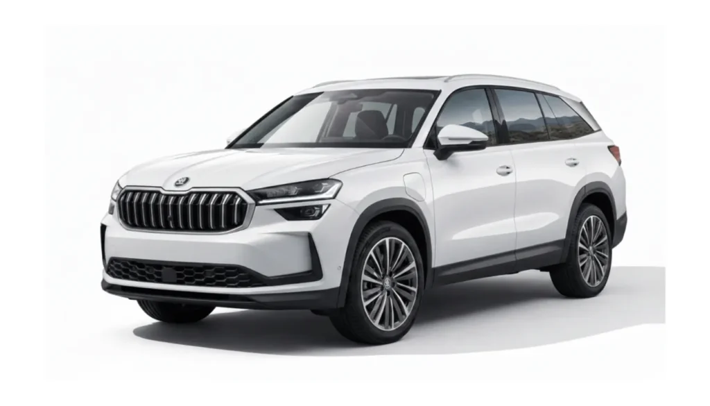 Imagen frontal de un Škoda Kodiaq iV plug-in hybrid en color claro, destacando su diseño SUV espacioso y eficiente.