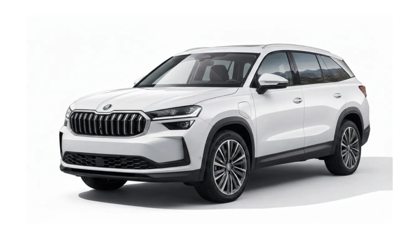 Imagen frontal de un Škoda Kodiaq iV plug-in hybrid en color claro, destacando su diseño SUV espacioso y eficiente.
