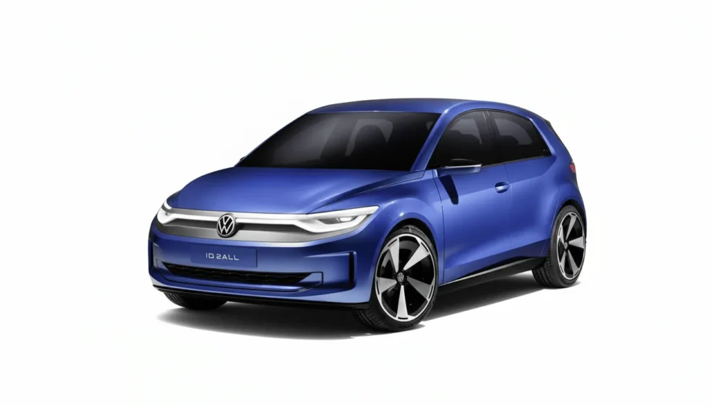 Volkswagen ID.2all azul, carro elétrico compacto visto de frente sobre fundo branco.