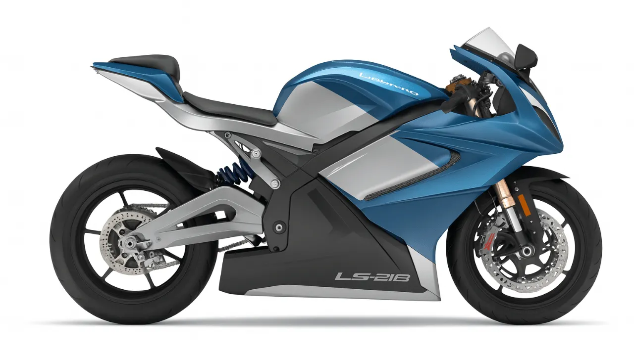 Lightning LS-218, moto elétrica desportiva em azul e prata, considerada a mais rápida do mundo, ideal para alta performance e condução sustentável.