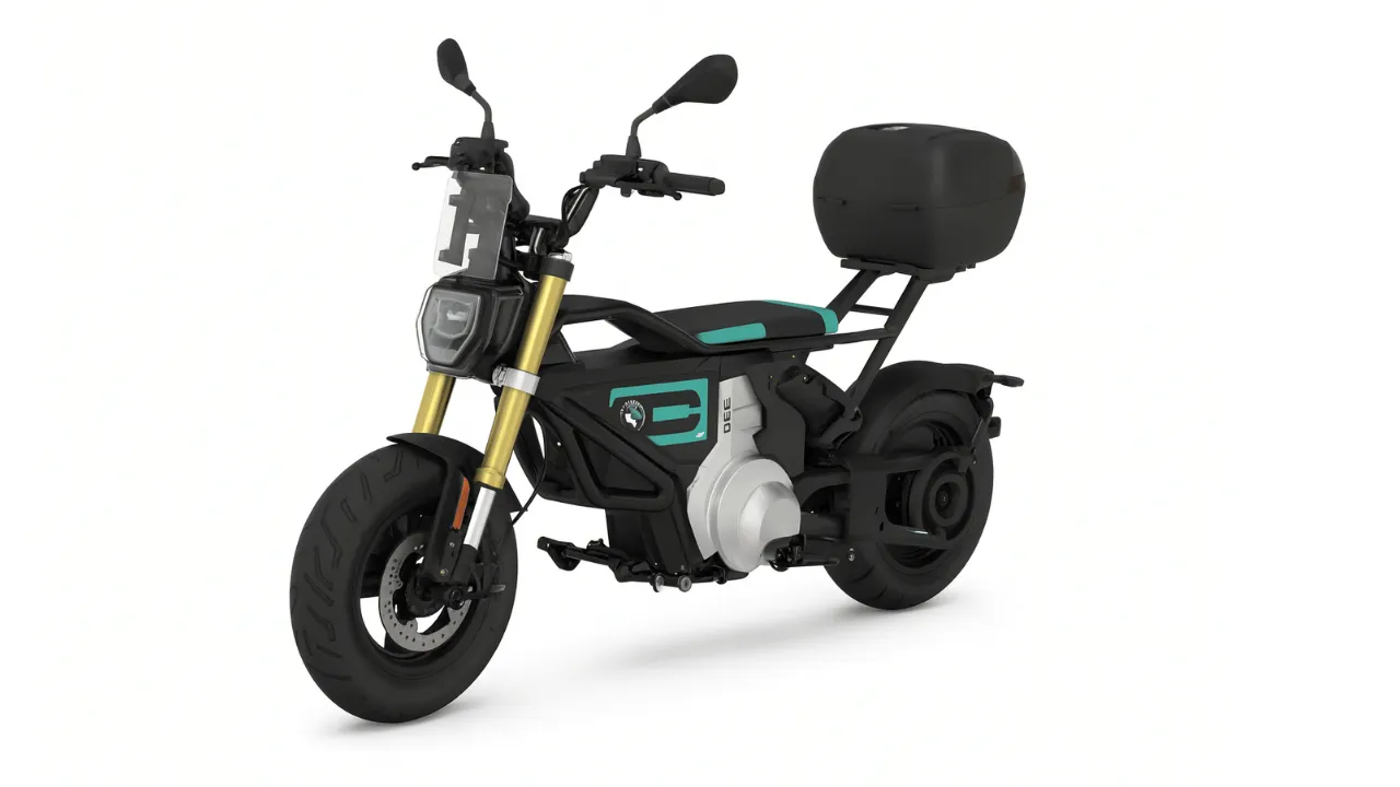 BMW CE 02, moto elétrica urbana em preto e turquesa com design minimalista e inovador, ideal para mobilidade sustentável nas cidades de Portugal.