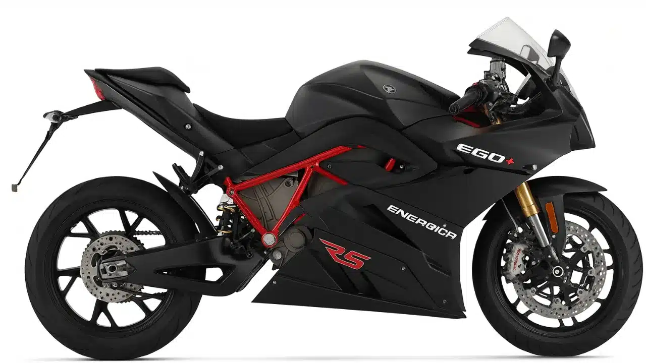 Energica Ego+ RS, moto elétrica desportiva de alto desempenho em preto mate com detalhes em vermelho, ideal para velocidade e condução sustentável em Portugal.