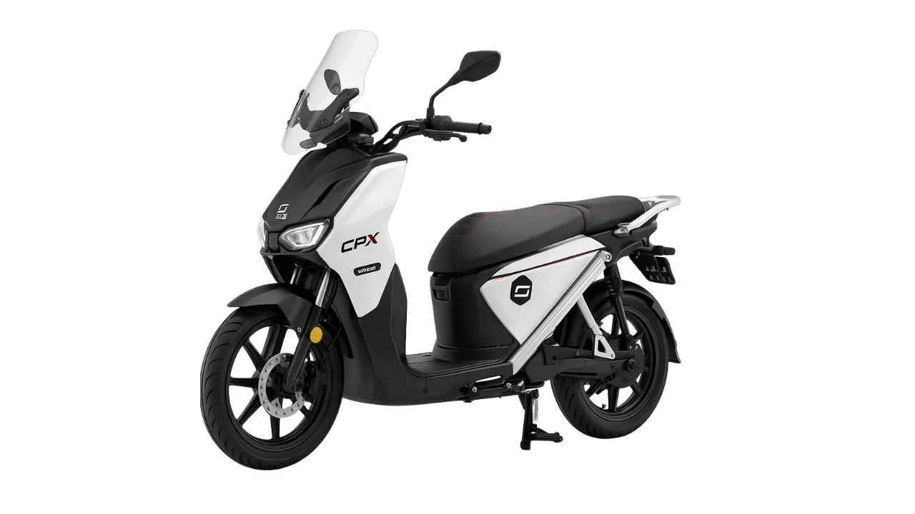Vmoto Soco CPx Pro, scooter elétrica de última geração em preto e branco, ideal para mobilidade urbana sustentável em Portugal.